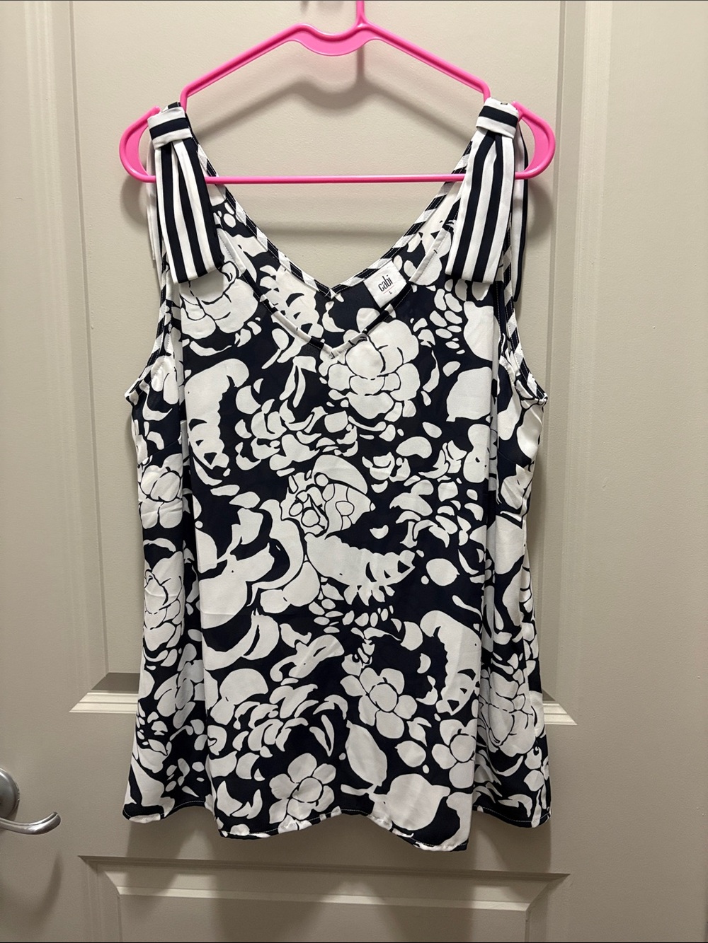 CAbi Black & White Floral Stripe-Tie Camisole